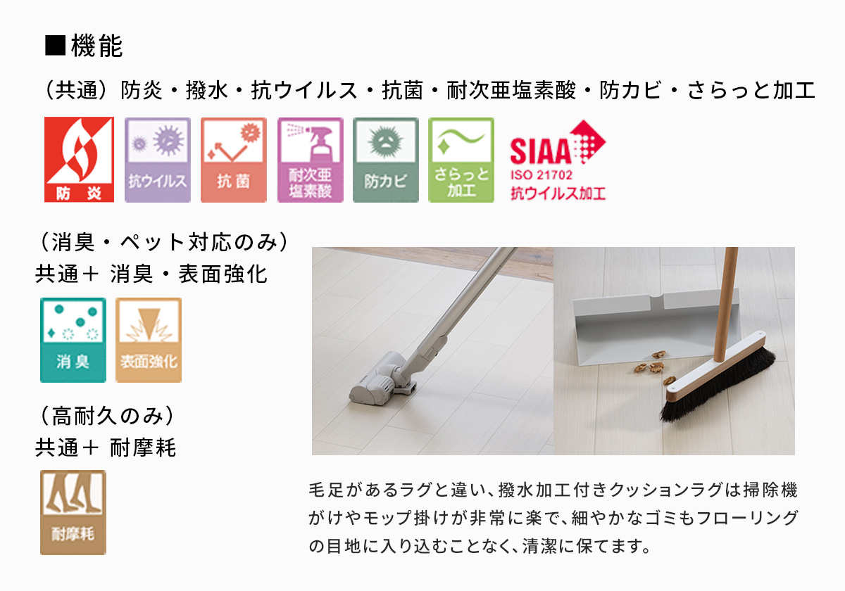 撥水・抗菌 拭けるダイニング クッションフロアラグ フラット仕上げ