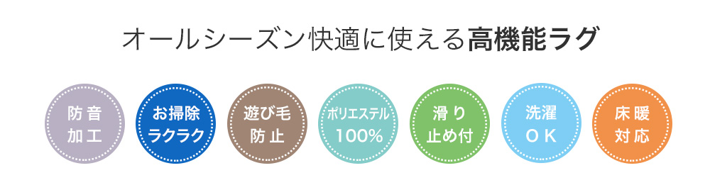 ラグの機能、防音加工、掃除が楽、遊び毛防止、滑り止め付、洗濯OK、床暖対応