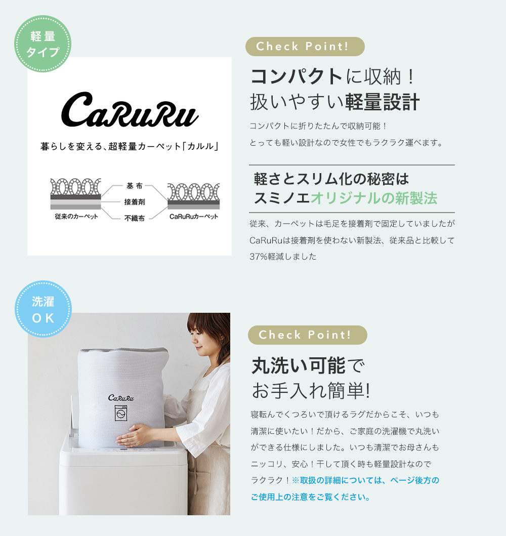 コンパクトに収納、軽量で扱いやすい、丸洗いOK